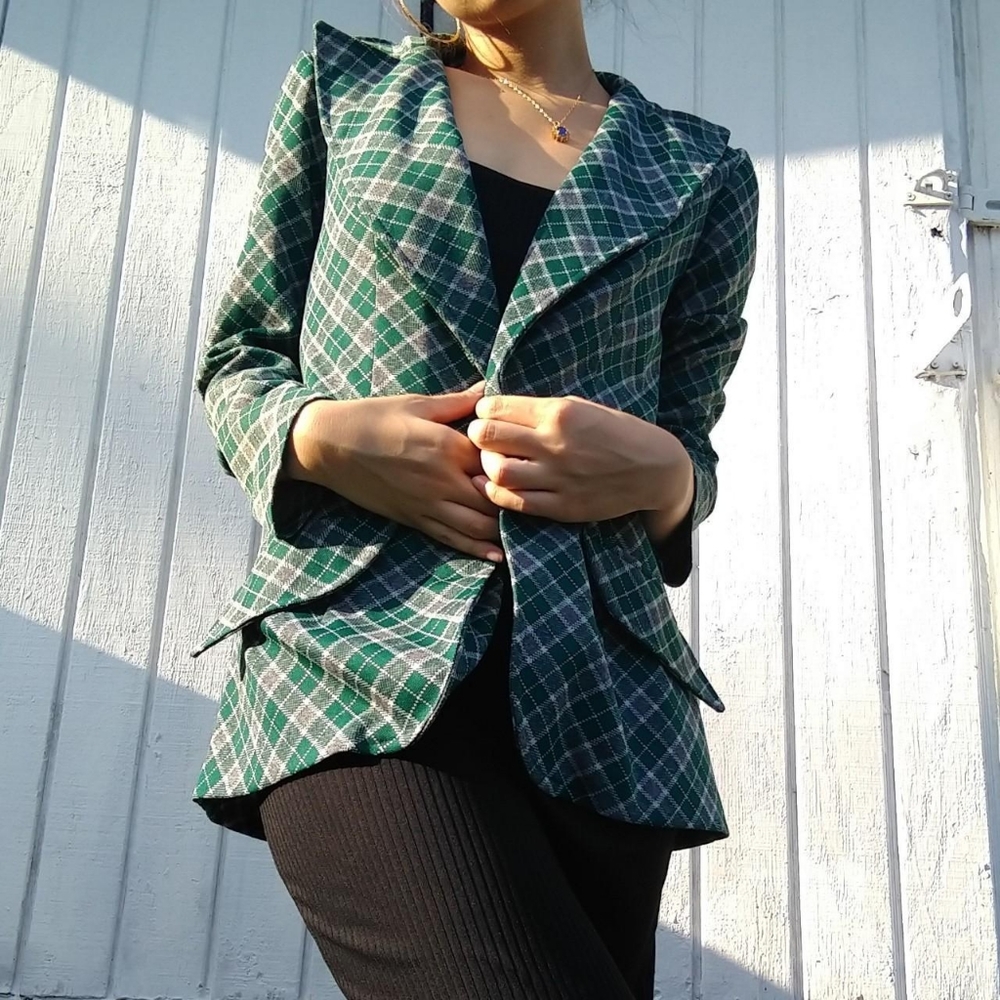Green and Grey Vintage Plaid Blazer